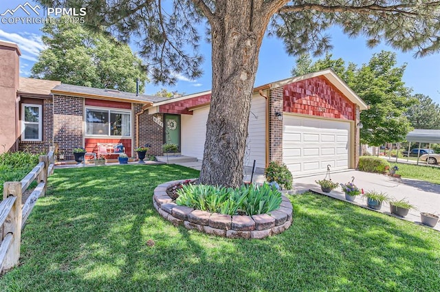 6277 Gunshot Pass Dr, Colorado Springs, CO 80917 - view of front facade with brick siding, an attached garage, concrete driveway, and a front lawn