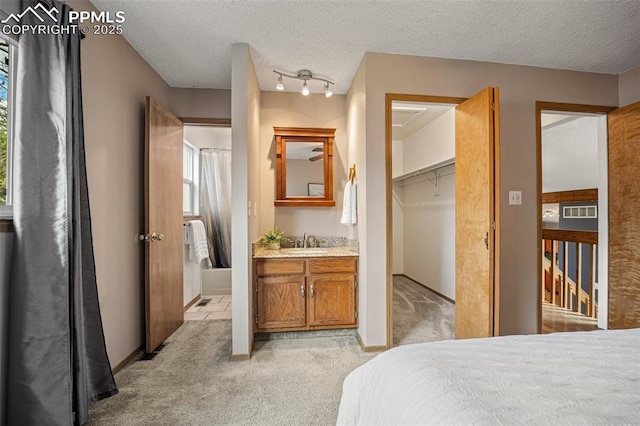 6277 Gunshot Pass Dr, Colorado Springs, CO 80917 - bedroom featuring light carpet, a sink, multiple windows, a textured ceiling, and ensuite bathroom