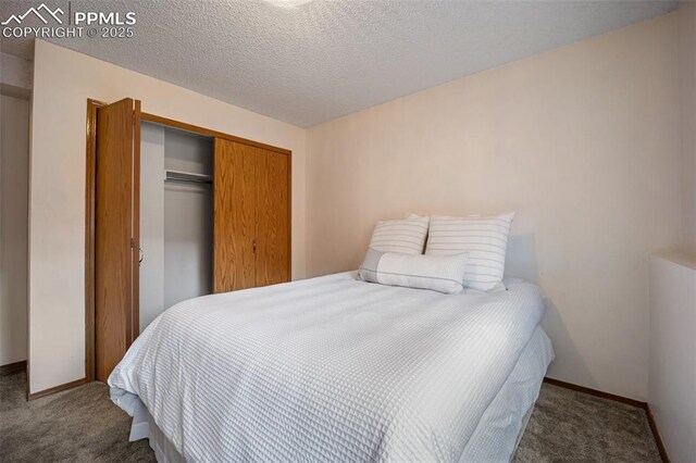 6277 Gunshot Pass Dr, Colorado Springs, CO 80917 - bedroom featuring carpet, a closet, baseboards, and a textured ceiling