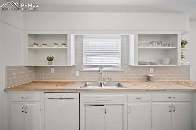 137 N 14th St, Colorado Springs, CO 80904 - kitchen with white dishwasher, wood counters, open shelves, and a sink