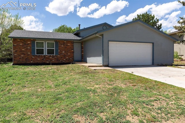 1950 Rusty Hinge Dr, Colorado Springs, CO 80920 - ranch-style house with a garage, driveway, a front yard, and brick siding
