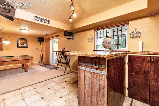 1522 Lehmberg Blvd, Colorado Springs, CO 80915 - bar with light colored carpet, a textured ceiling, pool table, and light tile patterned floors