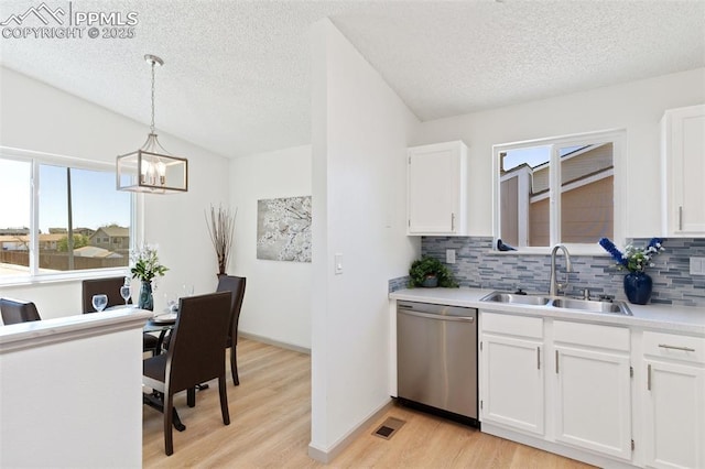 929 Bromefield Dr, Fountain, CO 80817 - kitchen featuring stainless steel dishwasher, light wood-style floors, white cabinets, tasteful backsplash, and a sink