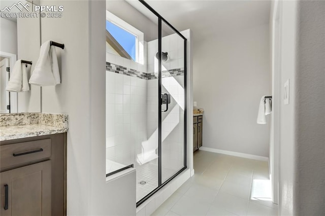 9484 Simper Hts, Colorado Springs, CO 80924 - bathroom with vanity, a stall shower, tile patterned floors, and baseboards