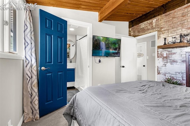carpeted bedroom featuring visible vents, brick wall, baseboards, wood ceiling, and lofted ceiling with beams
