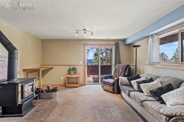 1200 Forest Edge Rd, Woodland Park, CO 80863 - living room with a wood stove, a textured ceiling, and carpet