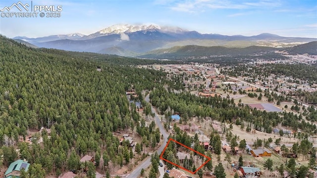 1200 Forest Edge Rd, Woodland Park, CO 80863 - birds eye view of property with a wooded view and a mountain view