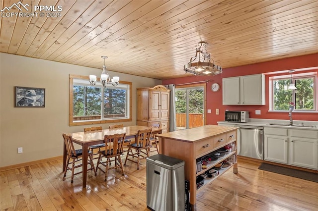1200 Forest Edge Rd, Woodland Park, CO 80863 - kitchen featuring a sink, a chandelier, butcher block counters, dishwasher, and white microwave