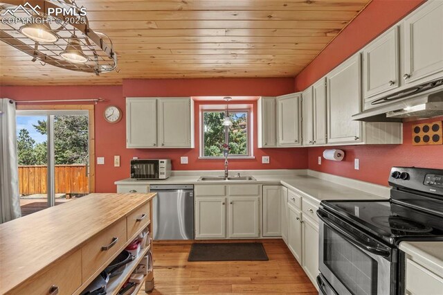 1200 Forest Edge Rd, Woodland Park, CO 80863 - kitchen featuring a sink, stainless steel appliances, under cabinet range hood, decorative light fixtures, and light wood-style flooring