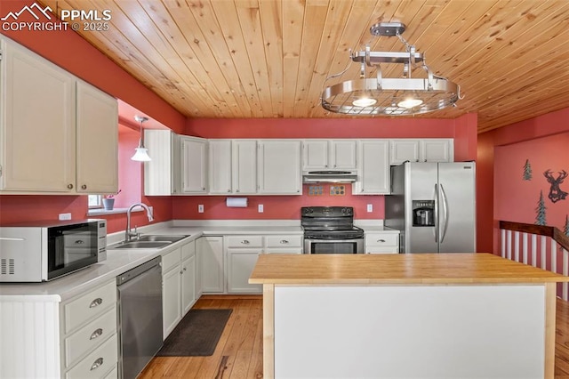 1200 Forest Edge Rd, Woodland Park, CO 80863 - kitchen with wood ceiling, under cabinet range hood, appliances with stainless steel finishes, white cabinets, and a sink