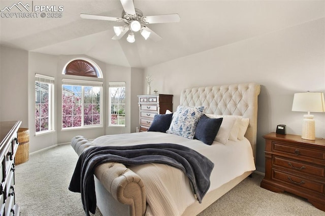7820 Curlew Ct, Colorado Springs, CO 80920 - bedroom featuring a ceiling fan, baseboards, lofted ceiling, and carpet