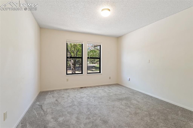 spare room with baseboards, a textured ceiling, and carpet