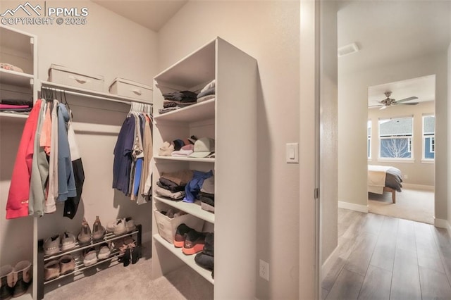 spacious closet with a ceiling fan and wood finished floors