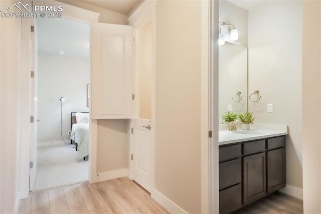 bathroom with baseboards, wood finished floors, and vanity
