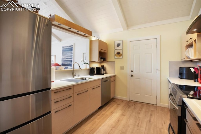 500 W Kellys Rd, Woodland Park, CO 80863 - kitchen with appliances with stainless steel finishes, a sink, light countertops, light wood-style flooring, and open shelves