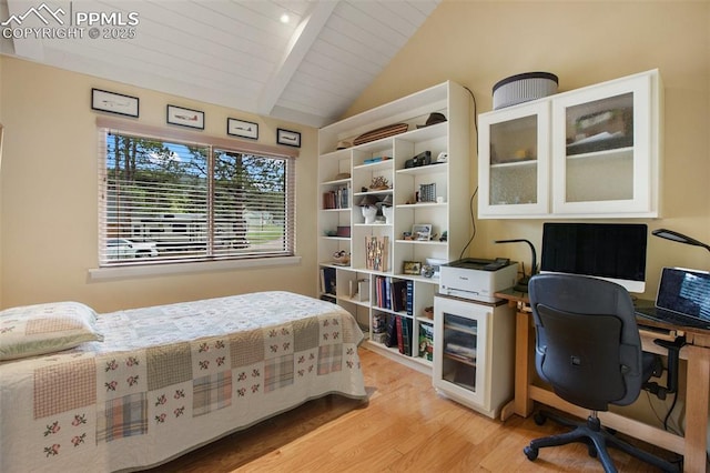 500 W Kellys Rd, Woodland Park, CO 80863 - bedroom with light wood-style floors, a desk, and wooden ceiling