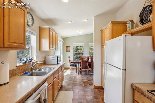 kitchen with freestanding refrigerator, a healthy amount of sunlight, a sink, and dishwasher