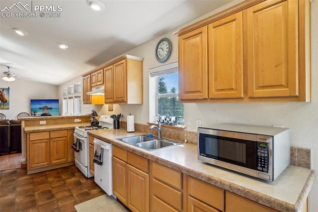 kitchen with dishwashing machine, white range with gas stovetop, stainless steel microwave, under cabinet range hood, and a sink