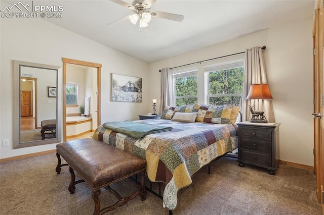 bedroom featuring carpet flooring, baseboards, vaulted ceiling, and ceiling fan