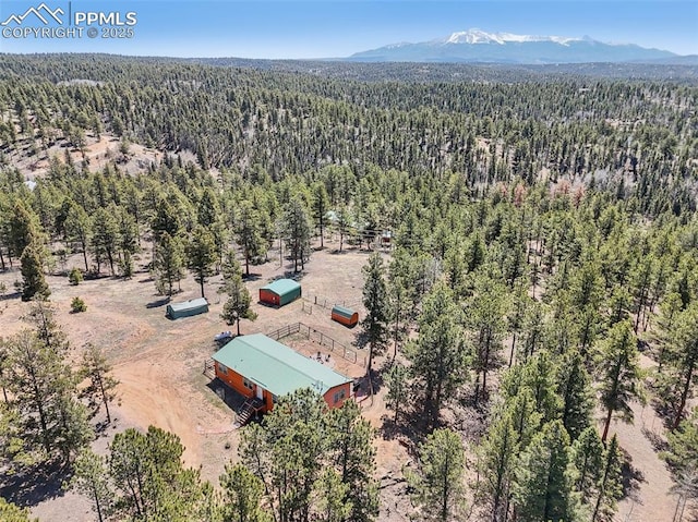 birds eye view of property featuring a mountain view and a wooded view