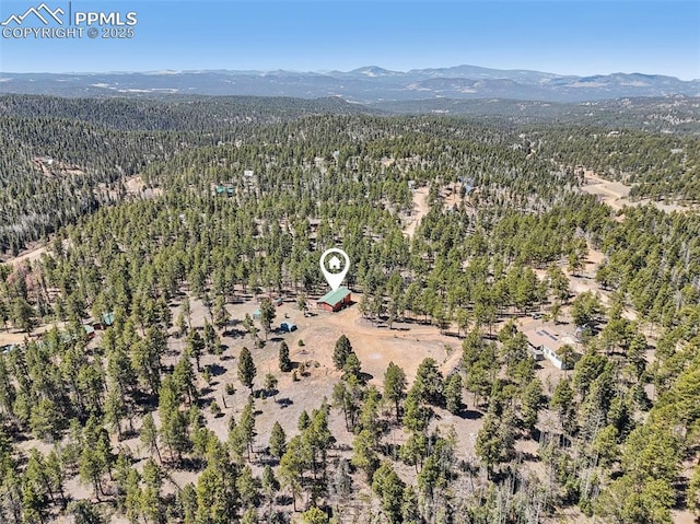 drone / aerial view featuring a mountain view and a forest view