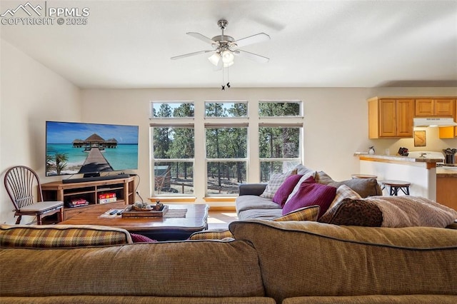 living area featuring ceiling fan