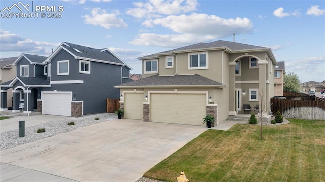 traditional-style house with a front yard, a garage, fence, stone siding, and stucco siding