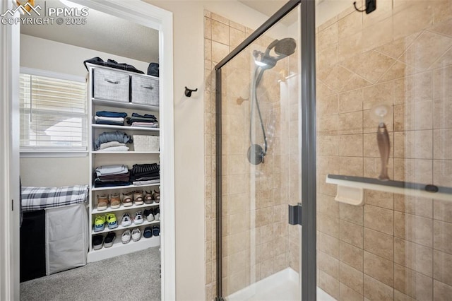 bathroom featuring a spacious closet and a shower stall