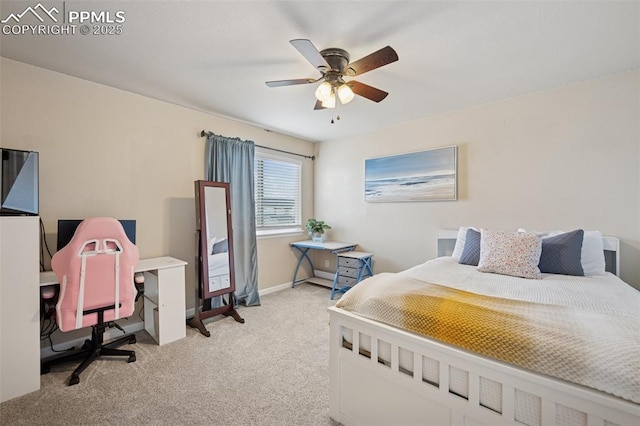 bedroom with baseboards, a ceiling fan, and light colored carpet
