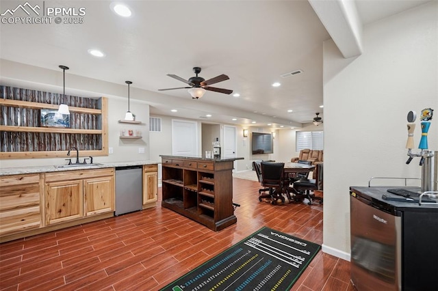 kitchen with a sink, ceiling fan, open shelves, and stainless steel appliances