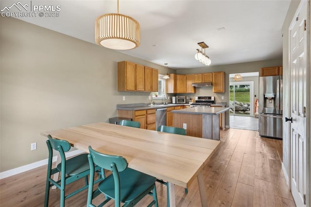 133 Wheat Ridge St, Palmer Lake, CO 80133 - kitchen featuring appliances with stainless steel finishes, a center island, under cabinet range hood, and light wood finished floors