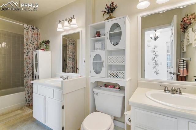 full bathroom with vanity, shower / tub combo with curtain, tile patterned flooring, and toilet