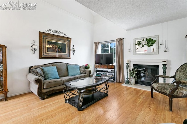 living area with light wood-style floors, high vaulted ceiling, a glass covered fireplace, and a textured ceiling