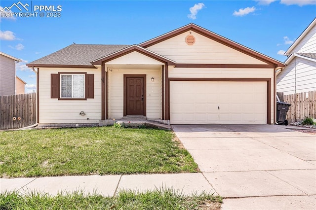 ranch-style house with a front lawn, a garage, a shingled roof, concrete driveway, and fence