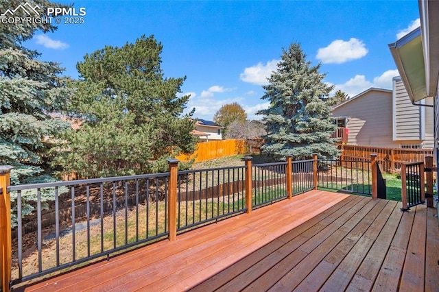 wooden terrace with a fenced backyard