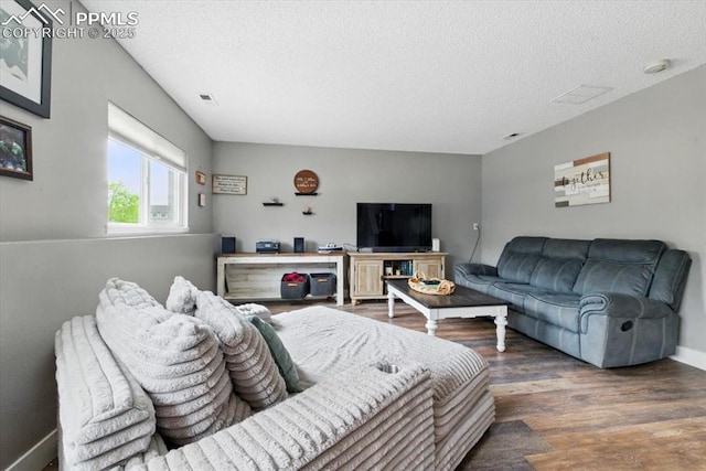2032 Woodsong Way, Fountain, CO 80817 - living room featuring wood finished floors, a textured ceiling, and baseboards
