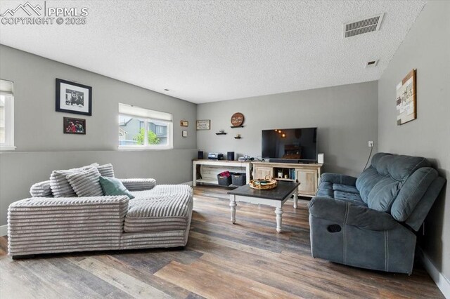 2032 Woodsong Way, Fountain, CO 80817 - living area with wood finished floors and a textured ceiling