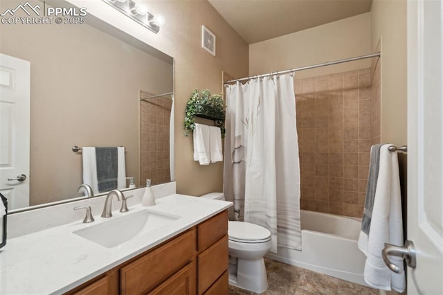 8492 Artesian Springs Pt, Colorado Springs, CO 80920 - bathroom featuring toilet, vanity, shower / bath combination with curtain, and tile patterned flooring