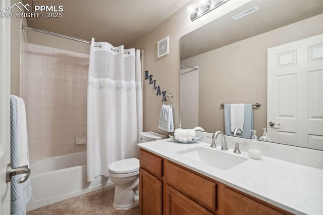 8492 Artesian Springs Pt, Colorado Springs, CO 80920 - full bathroom with toilet, shower / bath combination with curtain, vanity, and tile patterned floors
