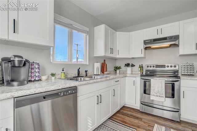 720 S Prospect St, Colorado Springs, CO 80903 - kitchen with appliances with stainless steel finishes, a sink, white cabinetry, and under cabinet range hood