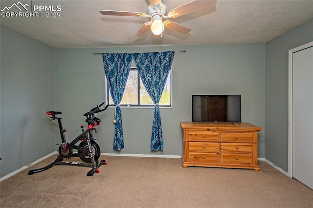 exercise area featuring carpet floors, ceiling fan, and baseboards