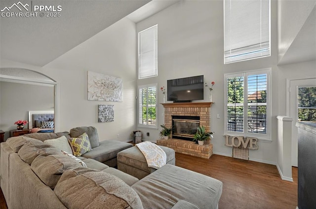 9025 Rochester Dr, Colorado Springs, CO 80920 - living room featuring a towering ceiling, wood finished floors, plenty of natural light, a fireplace, and baseboards