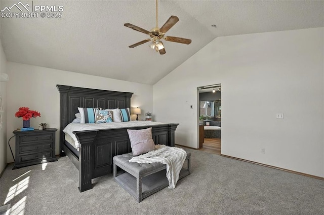 9025 Rochester Dr, Colorado Springs, CO 80920 - bedroom featuring light colored carpet, connected bathroom, ceiling fan, and high vaulted ceiling