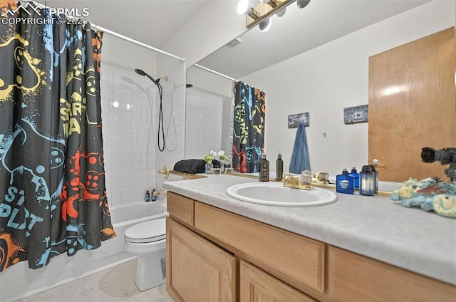 9025 Rochester Dr, Colorado Springs, CO 80920 - bathroom with toilet, shower / bath combination with curtain, vanity, and tile patterned flooring