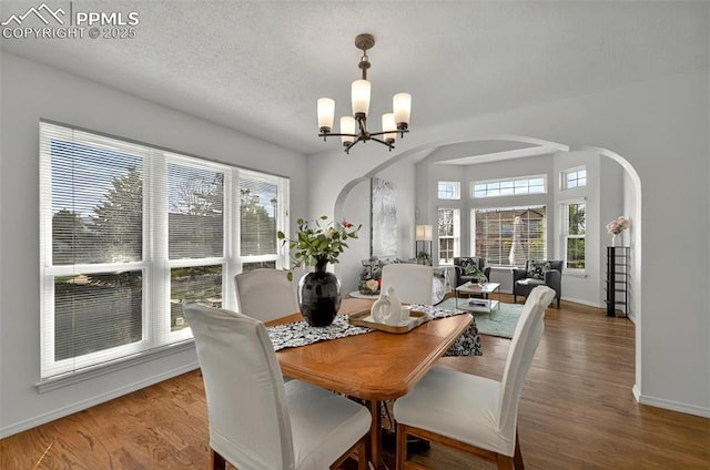 9025 Rochester Dr, Colorado Springs, CO 80920 - dining room with arched walkways, a chandelier, plenty of natural light, baseboards, and a textured ceiling