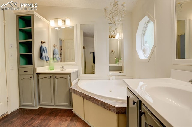 455 Clio Ave, Palmer Lake, CO 80133 - full bathroom featuring wood finished floors, two vanities, and a tub with jets