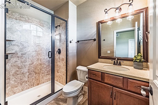 full bath with vanity, visible vents, a textured wall, toilet, and a stall shower
