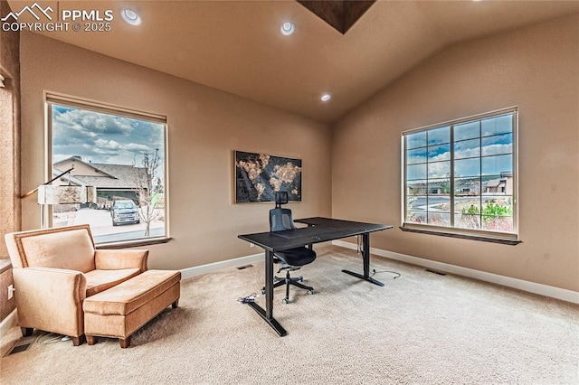 home office with baseboards, carpet, recessed lighting, and lofted ceiling