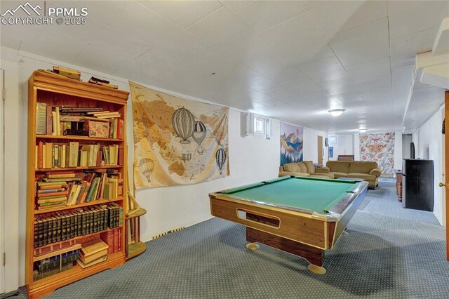 recreation room featuring carpet flooring, baseboards, and billiards