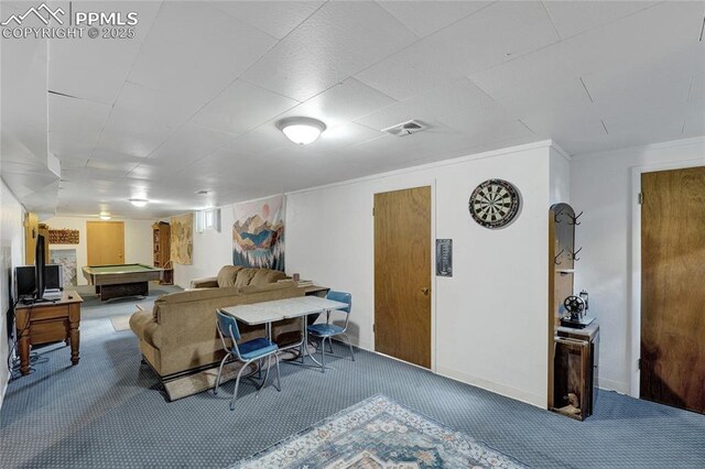 living room with carpet floors, pool table, and visible vents